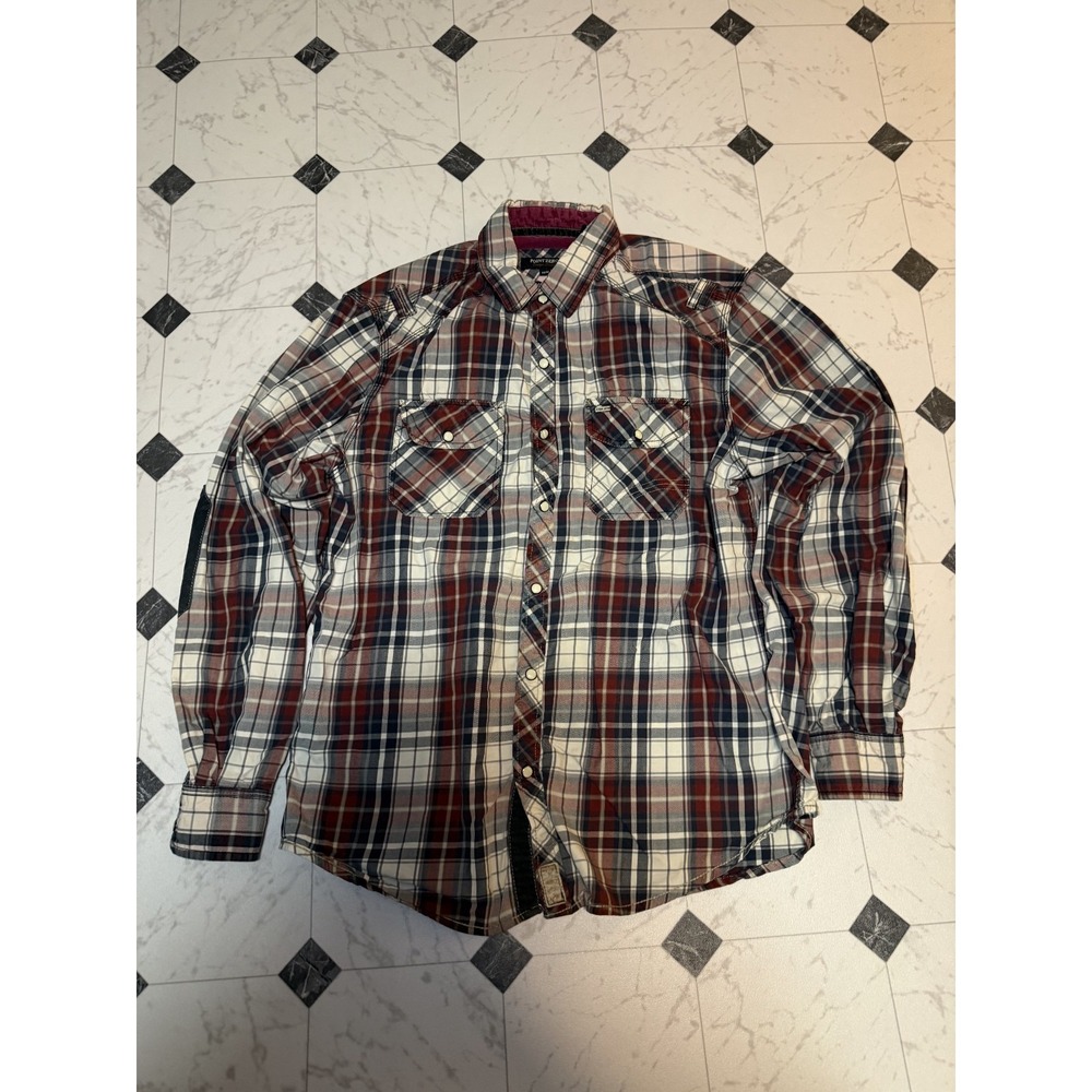Point Zero Plaid Western Snap Button-Up Shirt‎ Burgundy Red Men's Medium